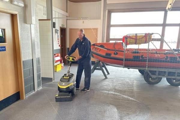 Kärcher cleaning equipment being put through its paces by Bridlington RNLI volunteer Dave Coverdale. Photo: RNLI/Mike Milner