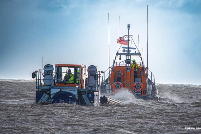 Bridlington RNLI all-weather boat Antony Patrick Jones launches into Storm Boelo. Photo credit: RNLI/Mike Milner.