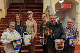 Members of Scarborough Pride committee fundraising at Scarborough Spa with Ru Paul's Drag Race season 5 Queen, Detox (centre with cap)