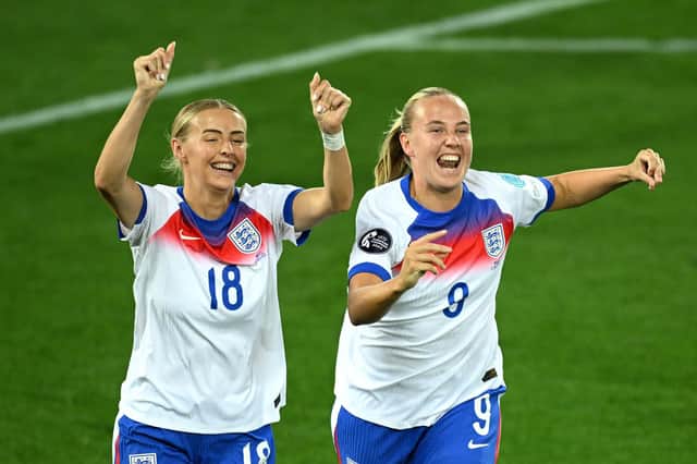 Beth Mead of England celebrates with teammate Chloe Kelly after scoring her team's fifth goal during the UEFA EURO 2025 Group D match against Wales at Arena St. Gallen. (Photo by Matthias Hangst/Getty Images)