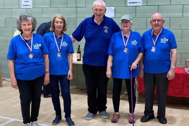 The Scarborough u3a team, Jo Edmonds, Paula Beaver, Julia Birkinshaw and Ian Taylor, get their medals for fourth place in the Consolation Team event from with  last years’ Mayor of Bridlington, Councillor Mike Heslop-Mullens