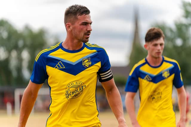 Boro skipper Will Thornton headed in the third goal in the 5-0 win at Selby Town. Phot by Wandering Photography