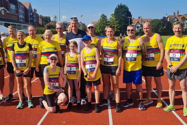 Scarborough Athletic Club athletes line up for the events at the opening of the new Bramcote Athletics facility on Saturday.