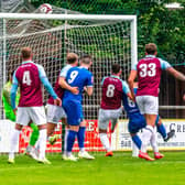 Harrison Beeden (number 6) scores the opener for Town in their 2-1 home success against South Shields on Tuesday. PHOTO BY BRIAN MURFIELD