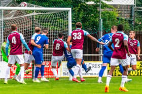 Harrison Beeden (number 6) scores the opener for Town in their 2-1 home success against South Shields on Tuesday. PHOTO BY BRIAN MURFIELD