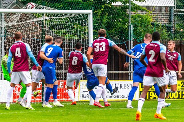 Harrison Beeden (number 6) scores the opener for Town in their 2-1 home success against South Shields on Tuesday. PHOTO BY BRIAN MURFIELD