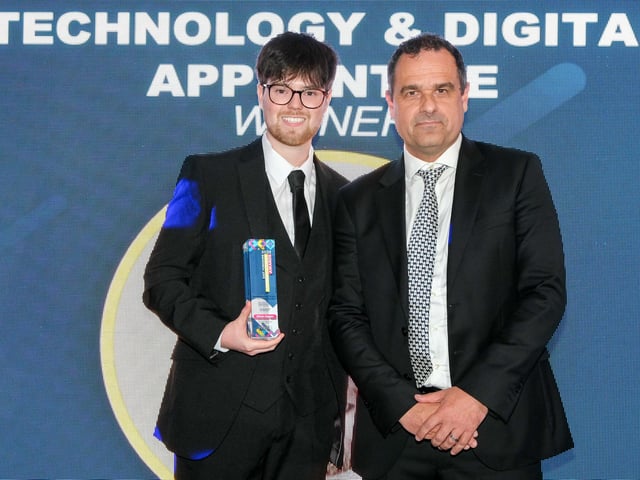 Technology and Digital Apprentice of the Year Award winner Ethan Jagger, of Cranswick plc, presented with his award by Dave Beales, Brough site general manager at sponsors BAE Systems