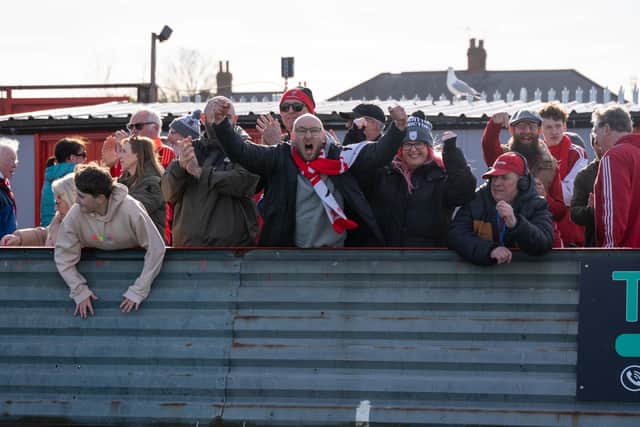Home fans celebrate Boro's win against Spennymoor on Easter Monday. Photo by Wandering Photography