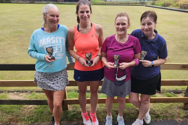 Ladies Doubles, from left, winners Maaike Karremans and Louise Tomlinson, and runners-up Helen Flinton and Julie Boddy.