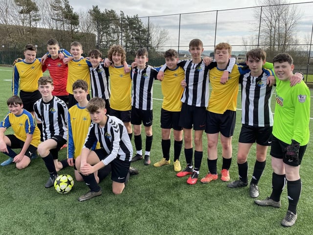 Caedmon College Y10 7-a-side teams: A team in black and white and the B team in yellow.