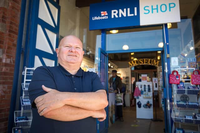 Barrie Lazenby outside the RNLI shop in Whitby.
Credit: RNLI/Ceri Oakes