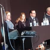 Panel members Su Crossland, Christina Zanelli, Jamie Henshaw and Mark Taylor at the first of two public consultation meetings at Whitby Pavilion, on the proposal to merge Whitby's Eskdale School and Caedmon College from summer 2024.