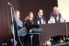 Panel members Su Crossland, Christina Zanelli, Jamie Henshaw and Mark Taylor at the first of two public consultation meetings at Whitby Pavilion, on the proposal to merge Whitby's Eskdale School and Caedmon College from summer 2024.