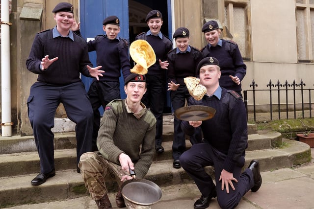The Sea Cadets flipping some pancakes as part of the Pancake Day Races on Aberdeen Walk in Scarborough
