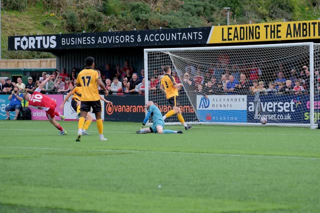 Man of the match Harry Green celebrates putting Boro 3-0 up against Rushall Olympic on Saturday. PHOTOS BY RICHARD PONTER