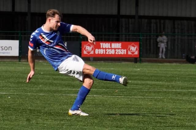 Whitby's Connor Smith in action at Morpeth Town. Photo by Owen Cox