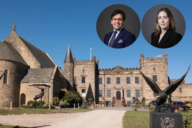Sneaton Castle, Whitby and, inset from left: Fred Wyrley-Birch, Director and Head of Jewellery, Watches and Silver at Anderson & Garland Auctioneers, and Auctioneer and Valuer, Georgina Norman.