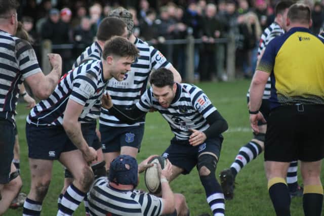 Pocklington RUFC celebrate the second of Jim Thornton's two tries. PHOTOS BY PHIL GILBANK