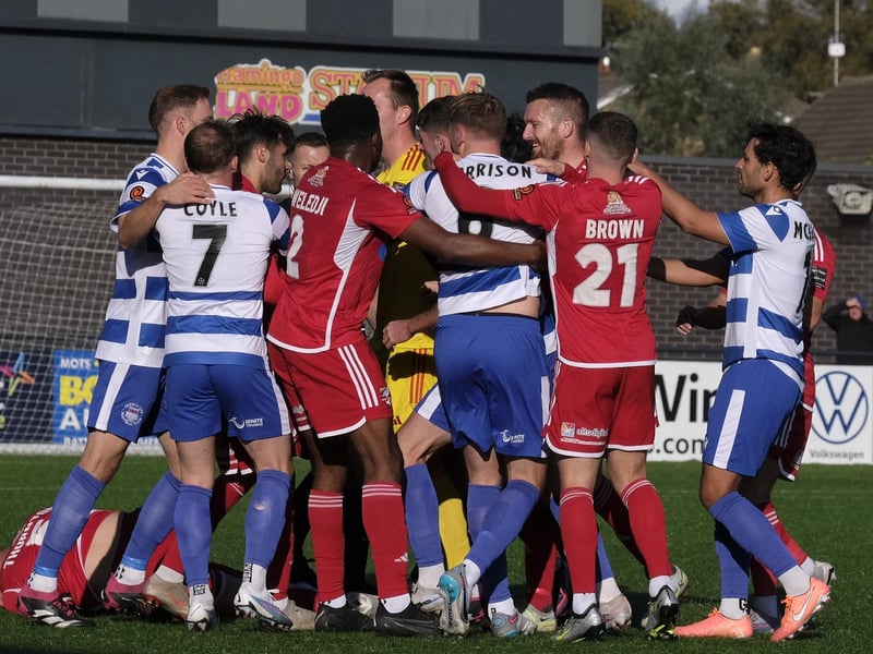 The two teams tangle after Boro defender Will Thornton appeared to be elbowed by City striker Olly Sanderson.