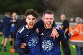 Boro players Curtis Durose and Bailey Gooda celebrate their win at Brackley.