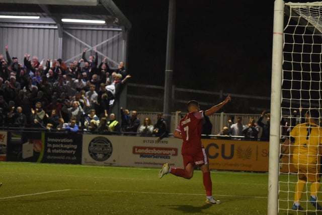 Scarborough Athletic skipper Michael Coulson celebrates netting his goal in the 3-2 home win against Chorley