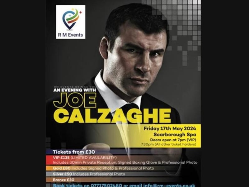 An Evening with Joe Calzaghe will take place at Scarborough Spa on May 17. R M Events are delighted to welcome the longest-reigning super-middleweight world champion in boxing history Joe Calzaghe to Scarborough Spa. On the night you will be able to listen to Joe’s stories of his amazing boxing career as both super-middleweight and light-heavyweight champion. The evening will consist of a sit down interview with Joe Calzaghe, your chance to ask questions, games to win some sporting memorabilia and an interval raffle and auction.