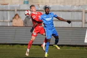 Bridlington Town's Will Sutton and Dunston's Sado Djalo during the 2-1 win for the visitors. PHOTOS BY DOM TAYLOR
