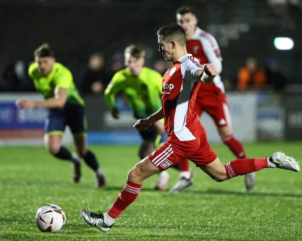 Lewis Maloney's penalty earned Boro a 1-1 home draw against Peterborough Sports. Photo by Zach Forster.