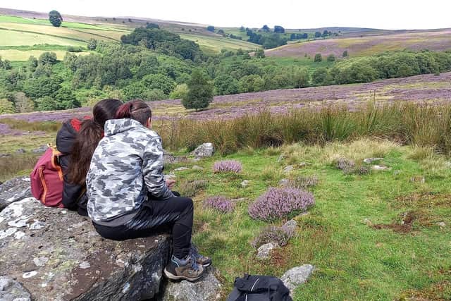 Young people observing heather moorland.