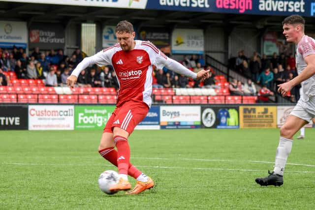 Striker Richie Bennett opened his Boro account with a four-minute hat-trick in their 5-0 home win against Selby on Saturday. PHOTOS BY MORGAN EXLEY