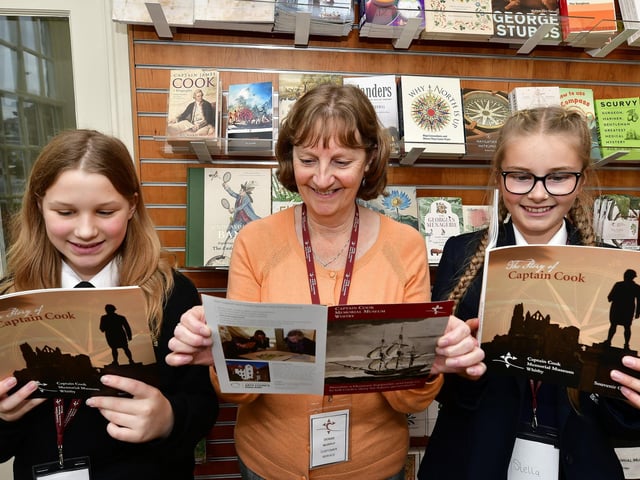 Caedmon and Eskdale pupils with Captain Cook Museum staff member Denise Murphy.
picture: Richard Ponter.