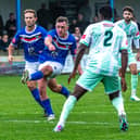 Joseph Gibson shoots for Whitby Town at home to Matlock Town. Photo by Brian Murfield