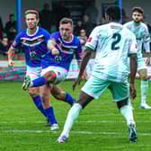 Joseph Gibson shoots for Whitby Town at home to Matlock Town. Photo by Brian Murfield