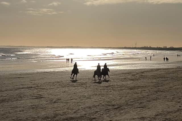 Ian Sandy frames horse riders on the beach.