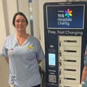 Sara Shearing, Senior Health Care Assistant and Karroll Powell, Associate Nurse Practitioner with one of the new mobile phone charging units.