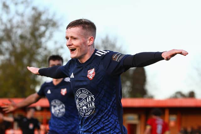 Harry Green celebrates doubling Boro's lead at Alfreton Town. PHOTO BY ZACH FORSTER