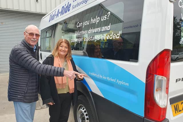 Trish Appleton, sister of the late Richard Appleton, and Colin Woodhead, Chair of Trustees at Scarborough Dial a Ride, with the new minibus.