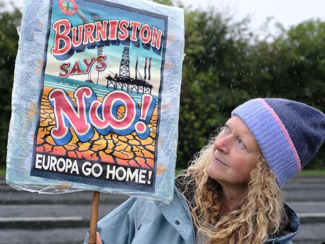 Anti fracking protesters at Burniston and Cloughton Village Hall braving the weather