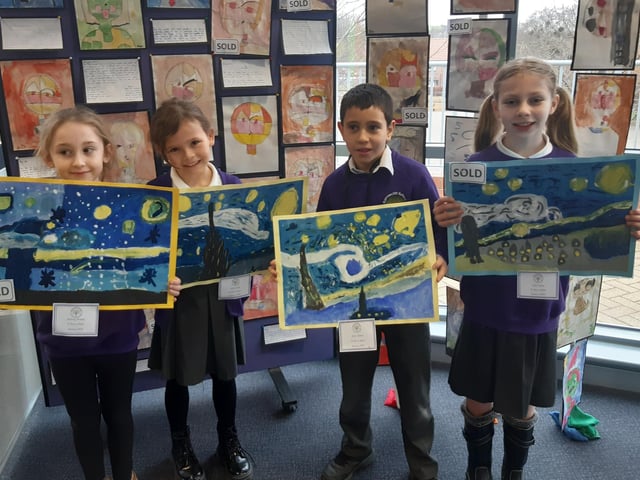 Parents have the chance to buy their child's artwork, with proceeds supporting school initiatives.