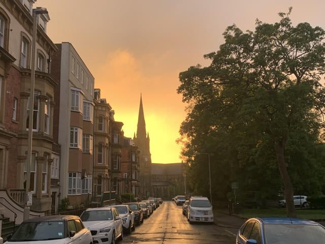 Sunset at St Andrew's United Reformed Church, by Julian Caddy.