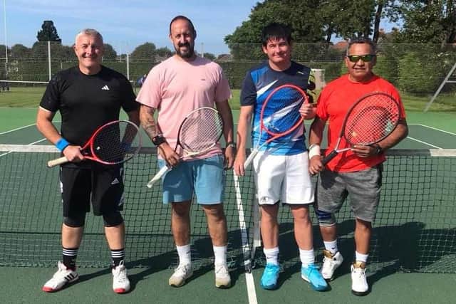Men's Doubles finalists, from left, are Jason Paddon, Joe Reynolds, Joel Rollinson and Juan Carlos Lino.