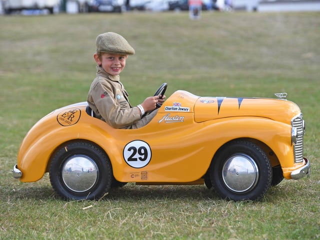 Pictured 8-year-old Charlton Jowsey from Whitby in his 1961 Austin J40 peddle car.