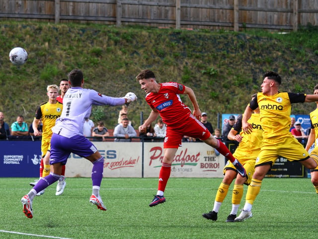 Dom Tear heads at the Chester goal