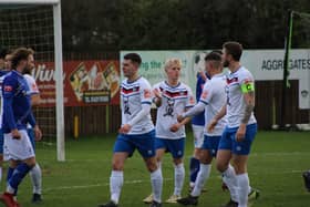 Max Howells celebrates one of his three goals in Whitby's 5-1 win at Matlock Town on Saturday. Photos from Owen Cox/Whitby Town FC