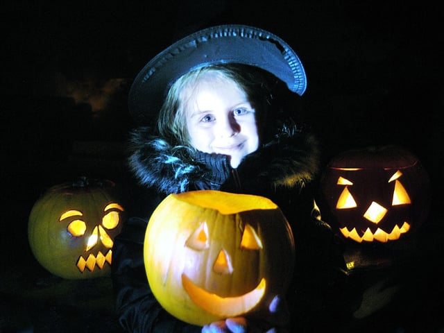 Halloween event in Falsgrave Park - Julia Coyle, 5, of South Cliff, with the pumpkin head she made at a workshop the previous night.  084490c Photo: Dave Barry