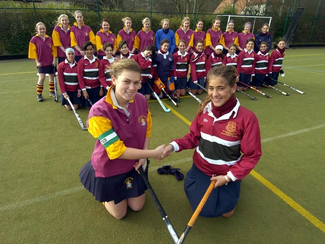 Scarborough College girls hockey 1st team host a visit from the girls hockey team from St Matthews College in Buenos Aires, on tour in in the UK.   Pictured are team captains Olivia Braithwaite (L) and Carola Asvanian.