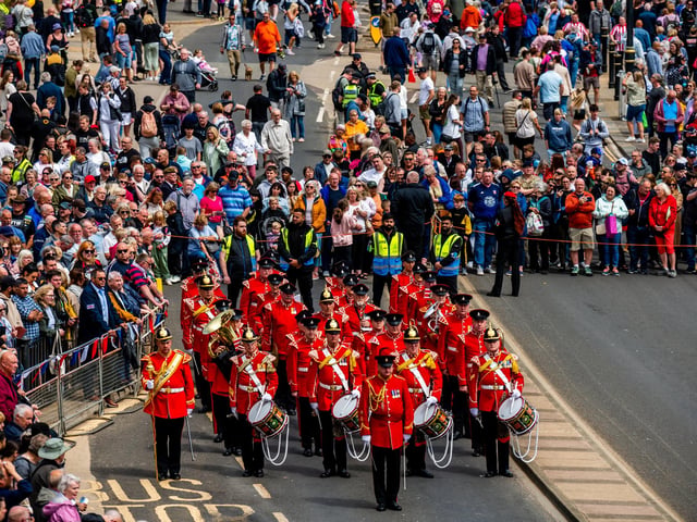 The Yorkshire Volunteer Band marches to the formal area for the start of the Scarborough Armed Forces Day.