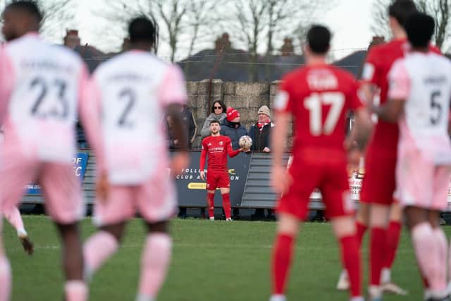 Man of the match Alex Brown prepares to take a Boro throw. Photo by Wandering Photography