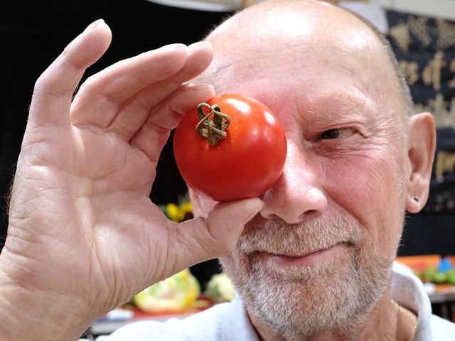 Roger Dudley checks the tomatoes.