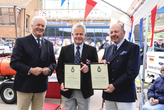 RNLI Chief Executive Mark Dowie with volunteers Neil Williamson and Stephen Upright.
Ceri Oakes / RNLI